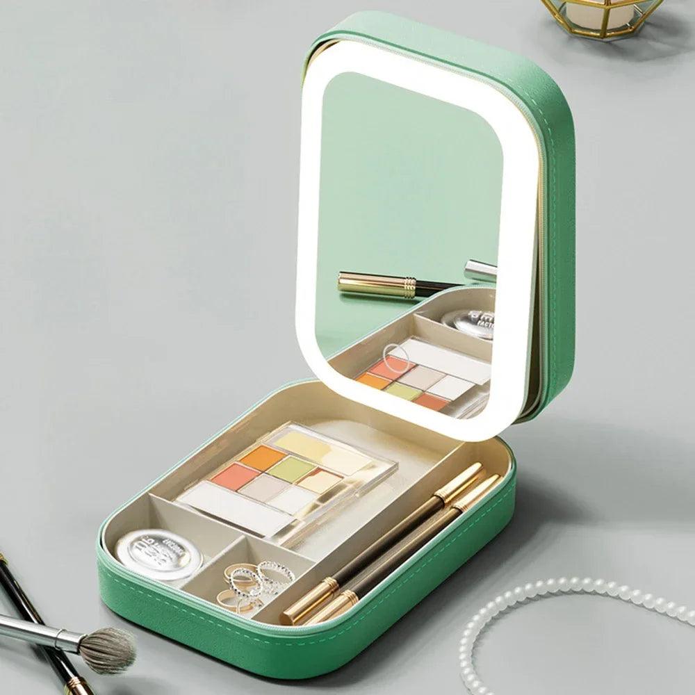 Mint green luxury LED makeup case with built-in mirror and eyeshadow palette.