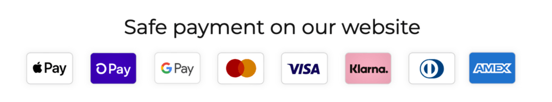 Secure payment methods including Apple Pay, Google Pay, Visa, Mastercard, Klarna, and Amex.